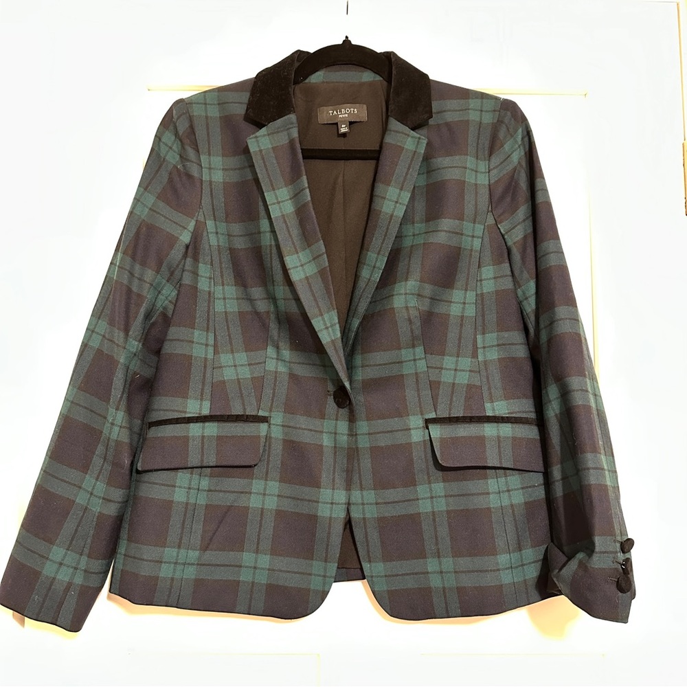 Talbots Petite Black Watch Plaid Blazer With Velvet Trim • 6P - Picture 2 of 6